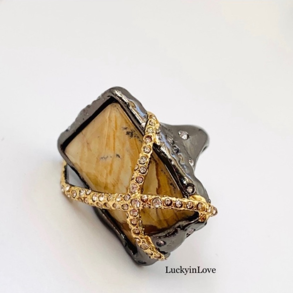 ALEXIS BITTAR • NEW Elements Gunmetal Gold Picture Jasper Crystal Orbiting Ring - Picture 5 of 11